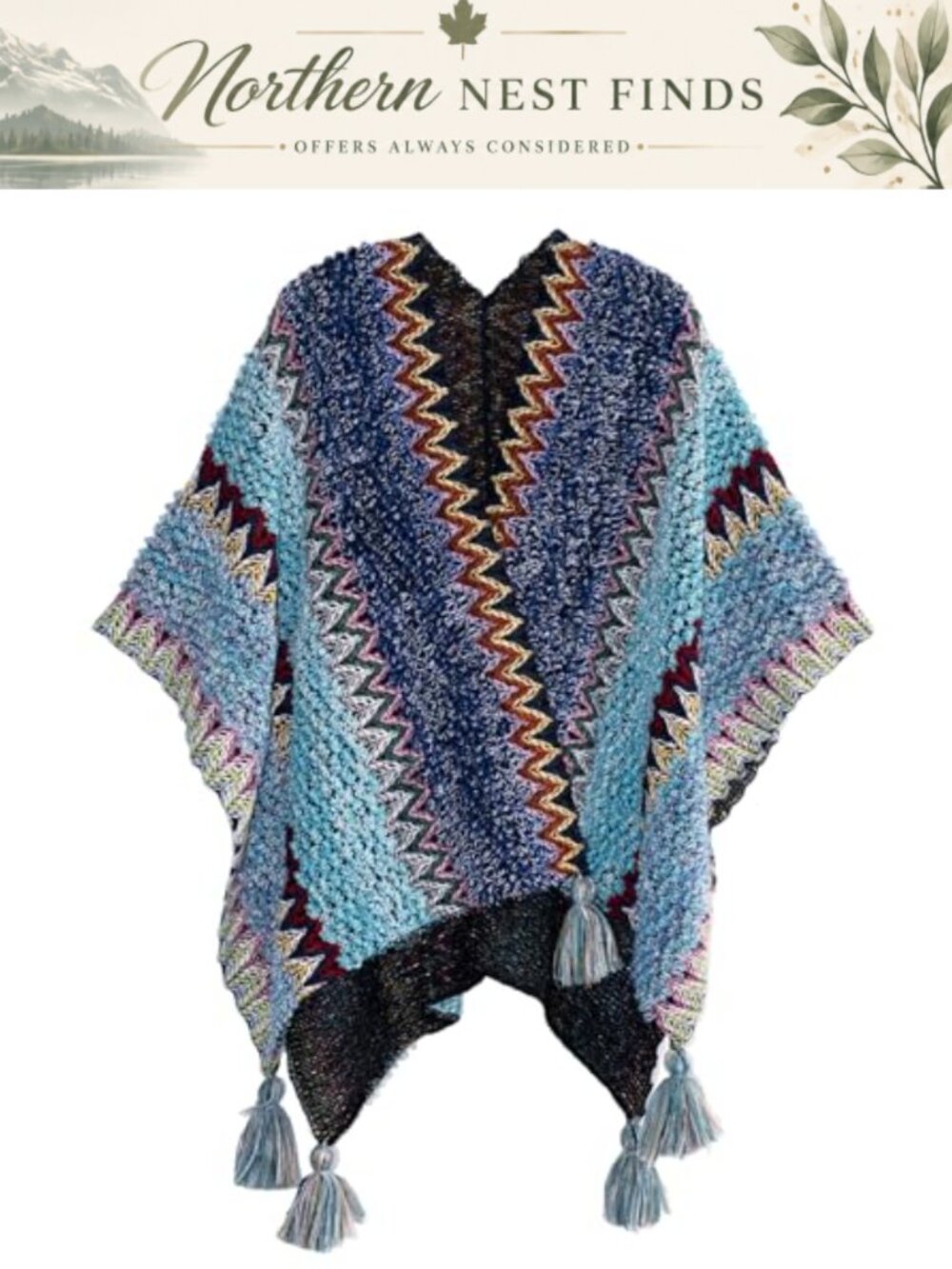 Knit Poncho Shawl Tassel Stripe Oversized Wrap Pashmina